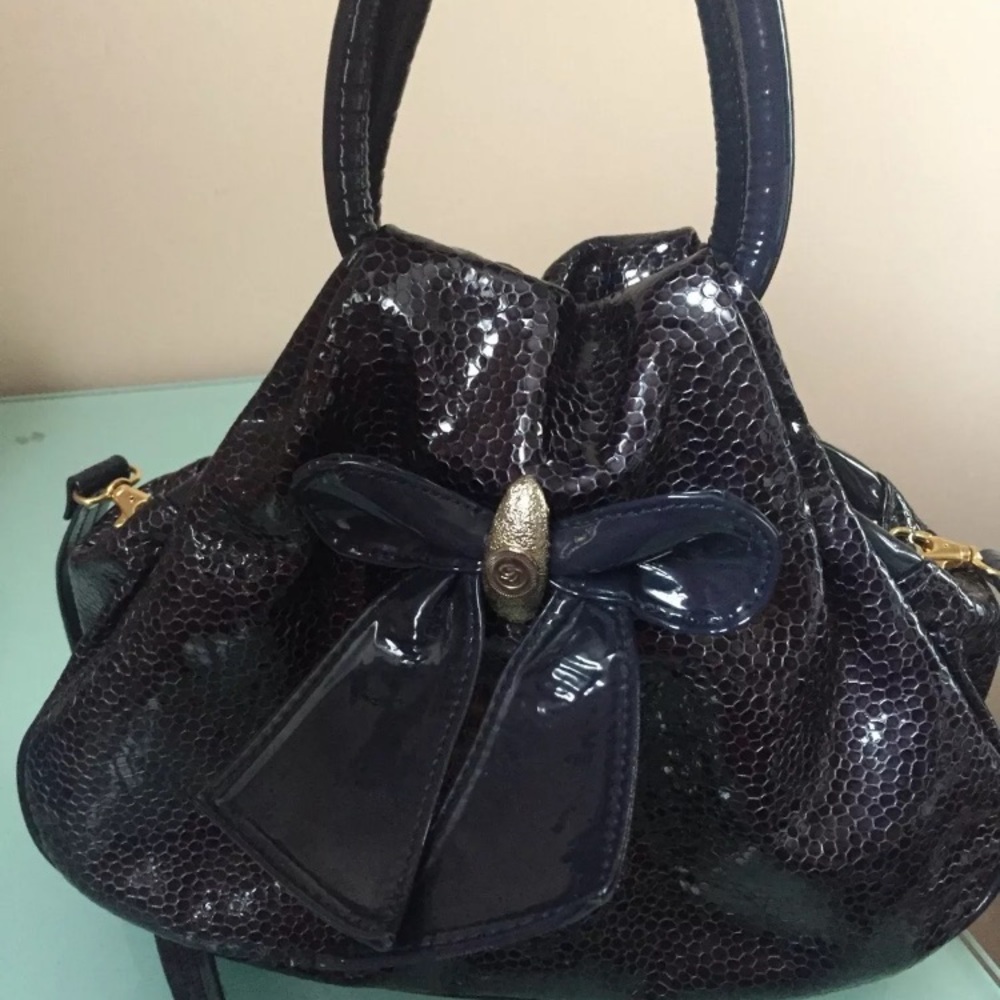 Gilda Tonelli Leather Snake Embossed Handbag & Shoulder Bag w BOW, blue color